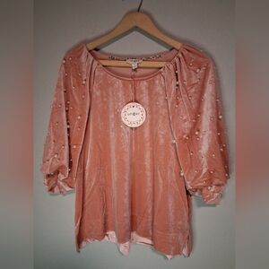 Umgee NWT Pearl Embellished Blouse Womens Peach Boho Top Boutique Size S